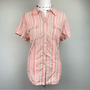 VTG Woolrich Pearl Snap Short Sleeve Button Down Summer Cotton Large Pink
